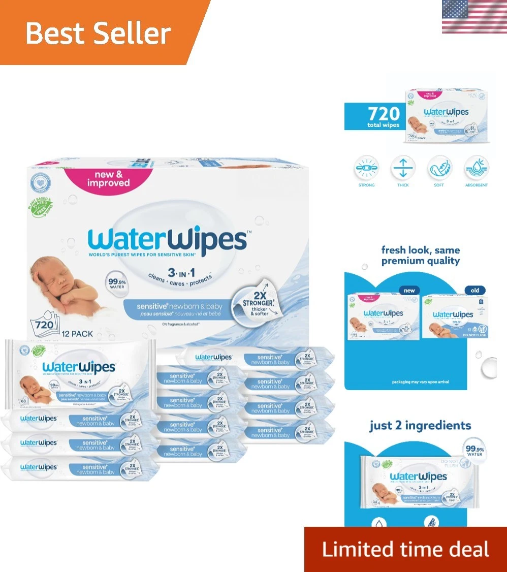 Sensitive+ Newborn Baby Wipes - 720 Count, Unscented & Hypoallergenic Luxury
