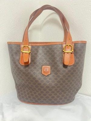 CELINE Macadam Tote Bag Brown Canvas Leather Gold Hardware Authentic Used