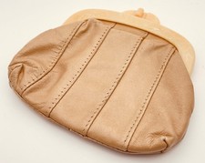 Vintage Taupe Tan Leather Clutch Purse Ivory Swirl Lucite Kisslock Bag