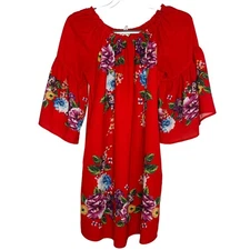 Umgee Womens Small Red Floral Boho Peasant Dress Bell Sleeve Cottagecore Fall