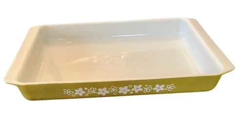 VTG PYREX LASAGNA 933 GREEN SPRING BLOSSOM CRAZY DAISY PAN DISH 13½x8¾x1¾