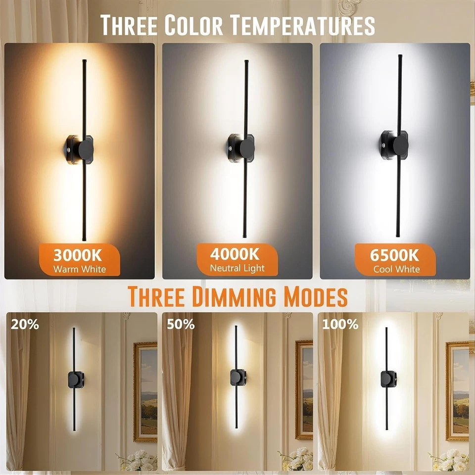 Aplique de pared 28 pulgadas: LED regulable de 3 colores, batería/USB 10000mAh remoto giratorio 350° Foto 4 de 4