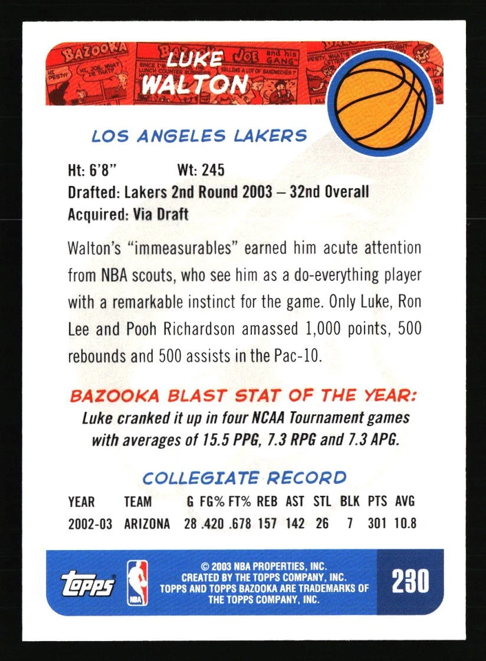 Luke Walton 2003-04 Bazooka #230 BASKETBALL Card - Image 2 of 2