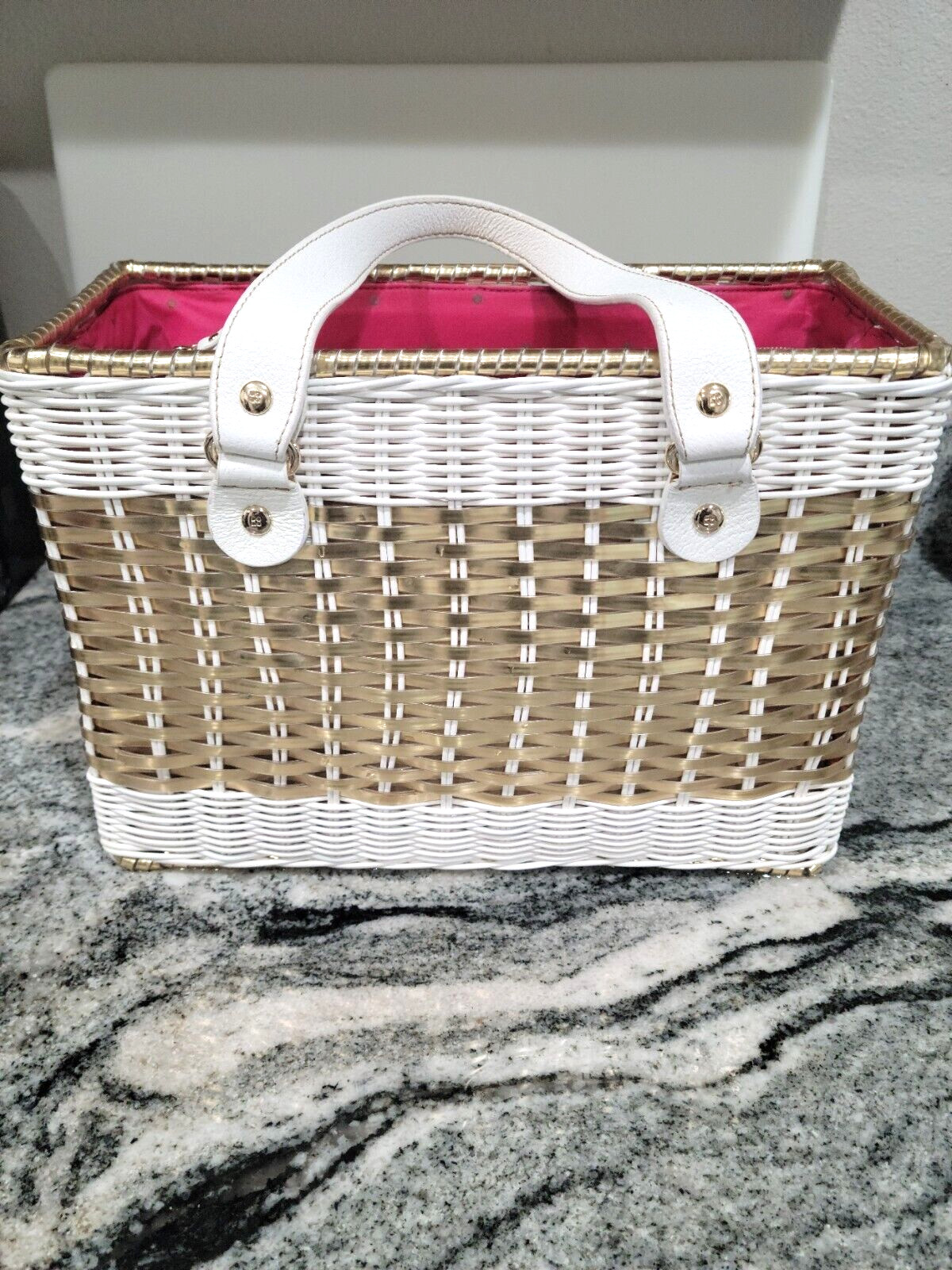 Kate Spade Top Handle Rare Gold Wicker Basket White … Gem