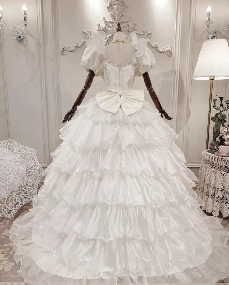 Organza Wedding Dresses with Bow Short Puffy Sleeves Ruffled A Line Bridal Gowns - Image 3 of 4