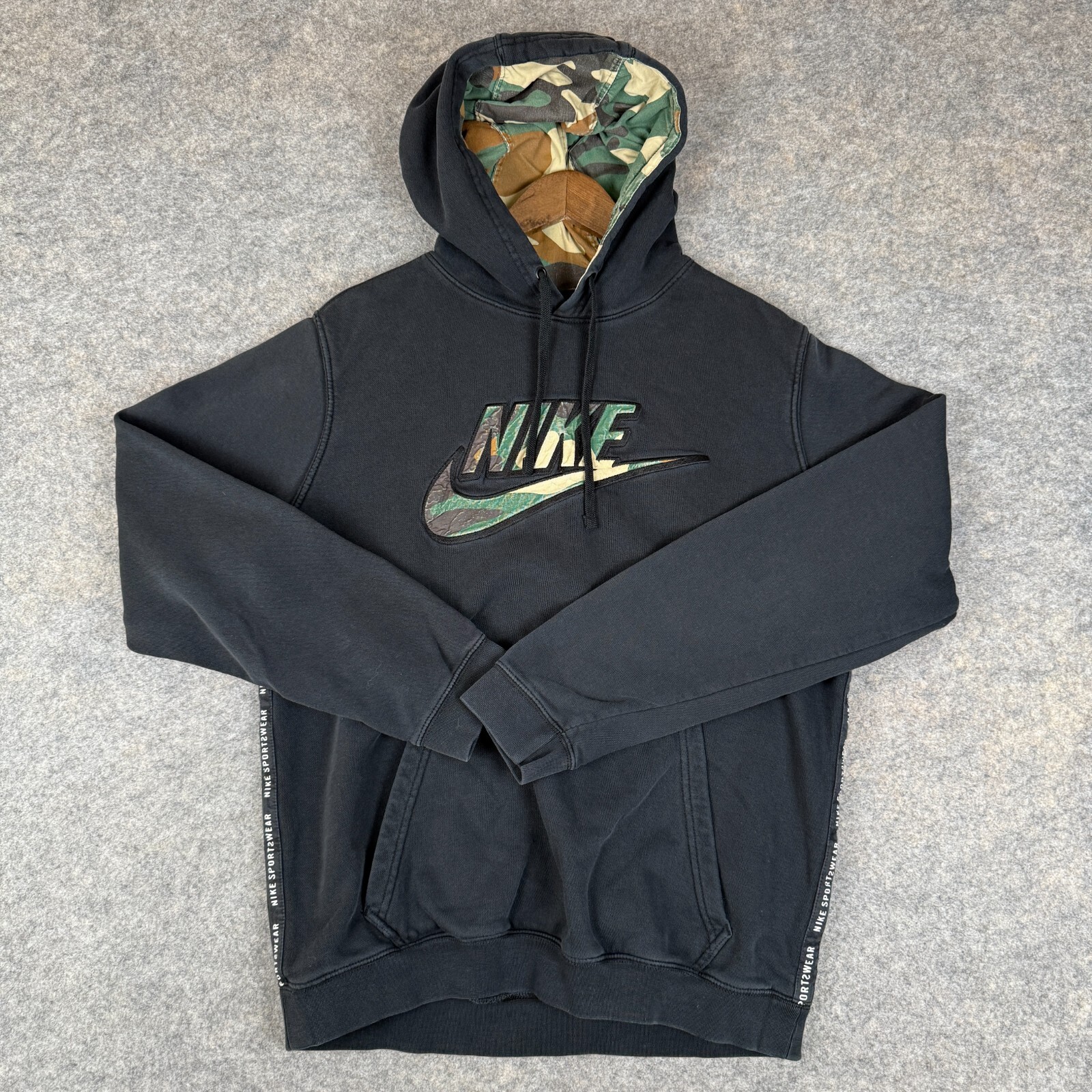 Nike Sportswear Camo Lined Hoodie Mens Large Fleece Center Logo Black Green Side