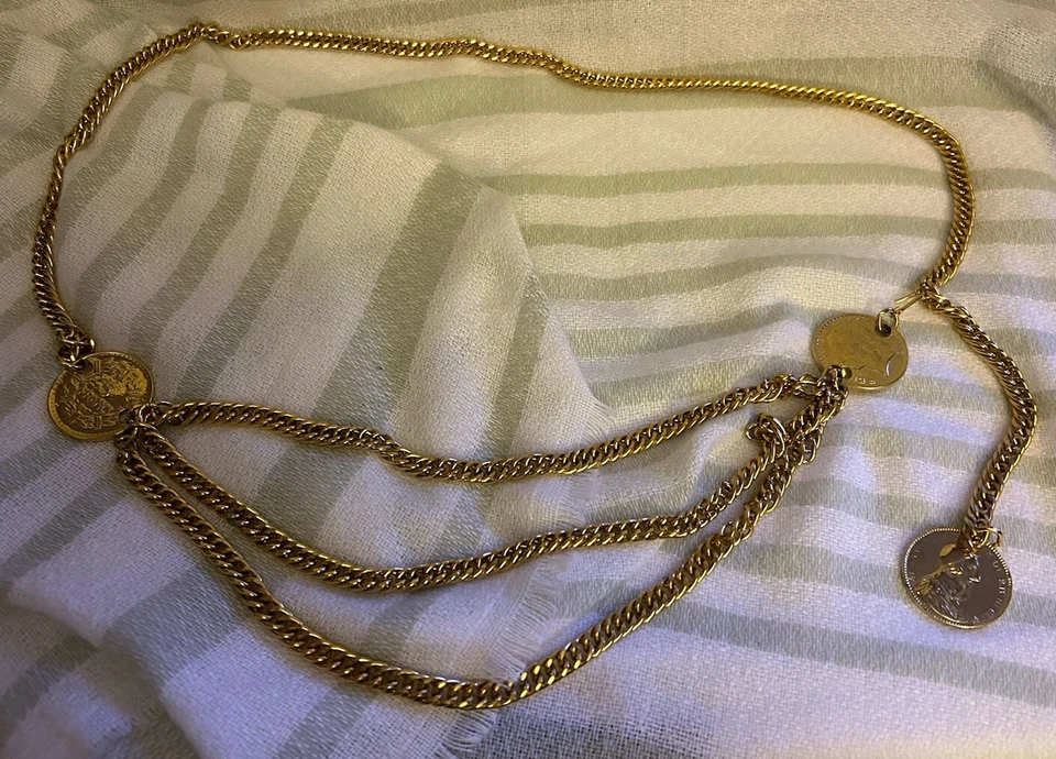 Chain Belt Goldtone Metal Faux Coin Triple Draped Coins Adjustable - Image 2 of 4