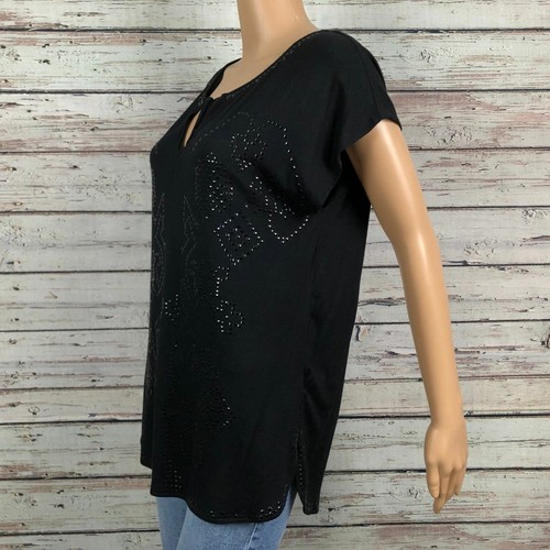 Smitten Shiny Studded Print Split Tie Neck Tunic Shirt XS Black Rayon Knit - Picture 6 of 9