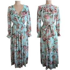 Green Chiffon Medium Long Sleeve Floral Maxi Dress Pink Romantic Tie Belt Garden