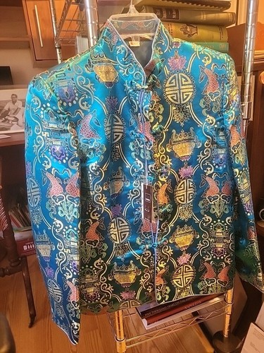 RJ Shirt Jacket Med Ladies 100% Silk Oriental Aqua Designs Lined Goldfish NEW - Picture 8 of 8