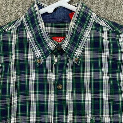 IZOD Shirt Mens Small Green Blue White Yellow Plaid Button Up Long Sleeve Cotton