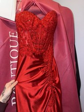 Red Formal Gown with Lace Bodice, Open Back, and Strappy Back