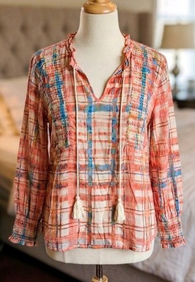 Sharagano Womens Plaid Ruffle Blouse Size S Pink Abstract Smocked V-neck Tassel