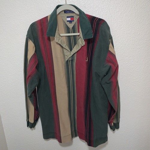 Vintage Tommy Hilfiger Langarm Poloshirt Gr. XL rot/grün/braun