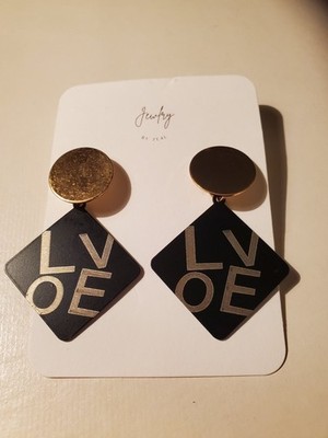 LOVE Statement Earrings Black Gold Geometric Dangle Minimalist Modern Chic Boho