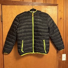 Eddie Bauer Kids L 14/16 Black Neon Yellow Hooded Down Puffer Jacket