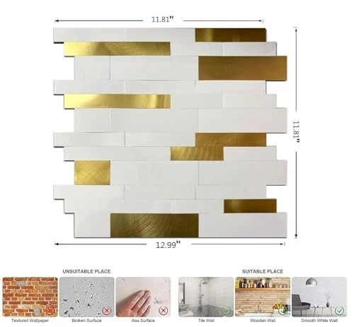 -Hoja Pelar y Pegar Azulejo Salpicadero, PVC Mezcla Metal 10 Blanco + Dorado Esmerilado Foto 2 de 4