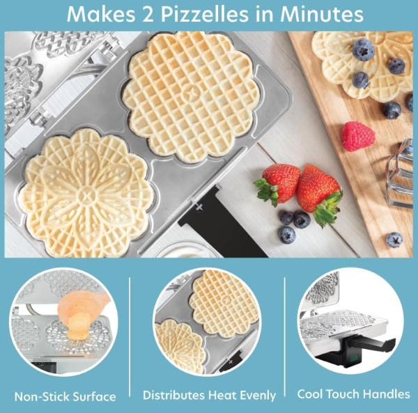New - Pizzelle Maker- Polished Electric Baker Press Makes Two 5-Inch Cookies