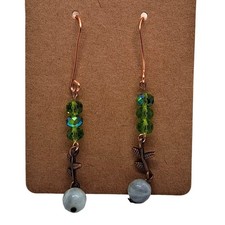 Handmade Green Glass Crystal earrings copper leaf moss agate