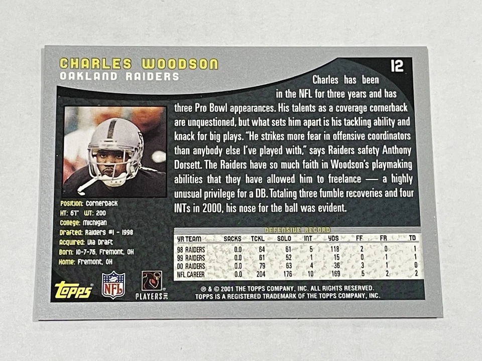2001 Topps Football #12 - Charles Woodson - Oakland Raiders - Image 2 of 2