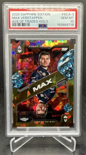 2025 Topps Chrome Sapphire F1 Max Verstappen Ace of Trade Gold 12/50 PSA 10 SCA3