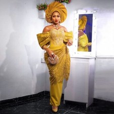 Luxury Nigerian Lace Prom Gowns Women Evening Dresses Gold Party Dresses
