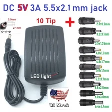 AC 100-240V to DC 5V 3A Power Supply Adapter Charger with10 Sizes DC Plug Tips