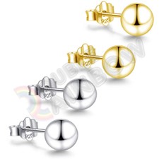 925 Sterling Silver Ball Earrings Round Women Men 2,3,4,5,6,7,8,10mm Gold Stud