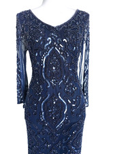 Pisarro Nights V neck 3/4 Sleeve Beaded Sequin Cocktail Sheath Dress Size 6 Navy
