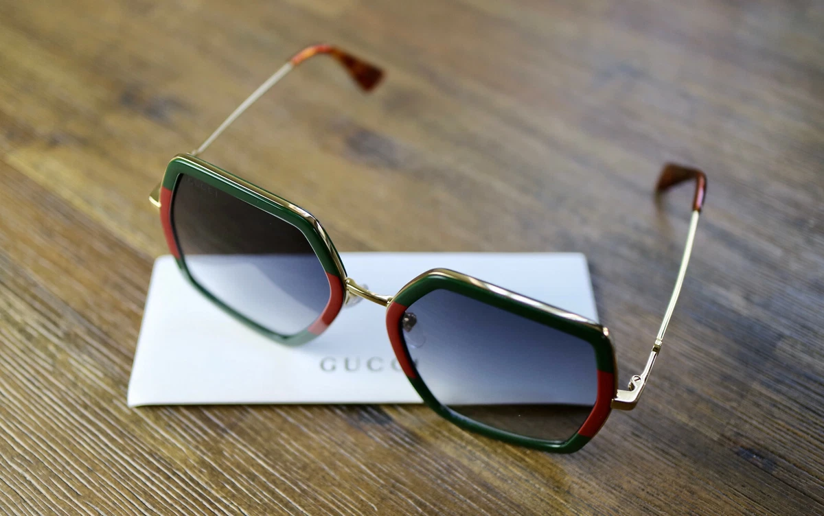 Gucci GG0106S 007 56mm Geometric Sunglasses in Red/Green and Grey