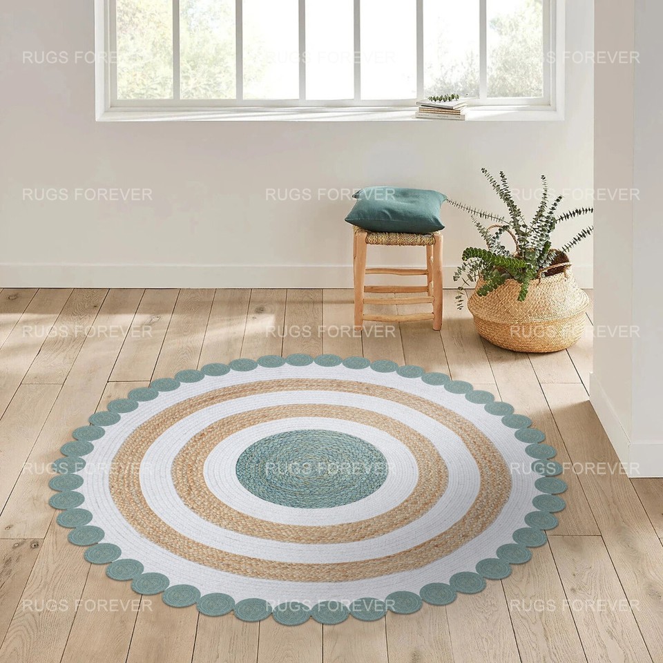 4x4 Round Jute Rug Hand Braided Rug Scalloped Dhurrie Boho Kilim Mat ...