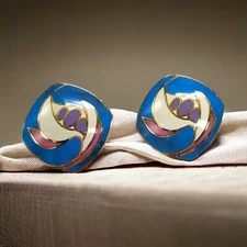 Vtg Cloisonne Earrings Pierced Abstract Pea Pod Flower Blue Mauve Gold Tone