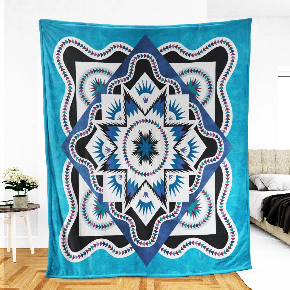 Native Star Blanket, Vintage Blue Lakota Star Fleece, Sherpa Blanket