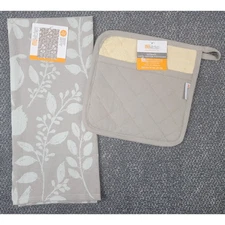 MU Kitchen Oven Mitt Potholder Beige Floral 100% Cotton Terry Lined 2pc Set Gift