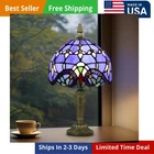 Tiffany Style Table Lamp Vintage Stained Glass Desk Lamp Deep Blue Purple Wis...