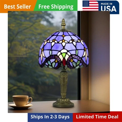 Tiffany Style Table Lamp Vintage Stained Glass Desk Lamp Deep Blue Purple Wis...