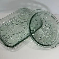 Vtg Libbey Orchard Fruit Green Embossed Glass - Set of 2 Casserole Dishes-