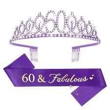 "60th Birthday Crown and Sash - Purple 60th Decorations Women's 60 & Fabulous Sa