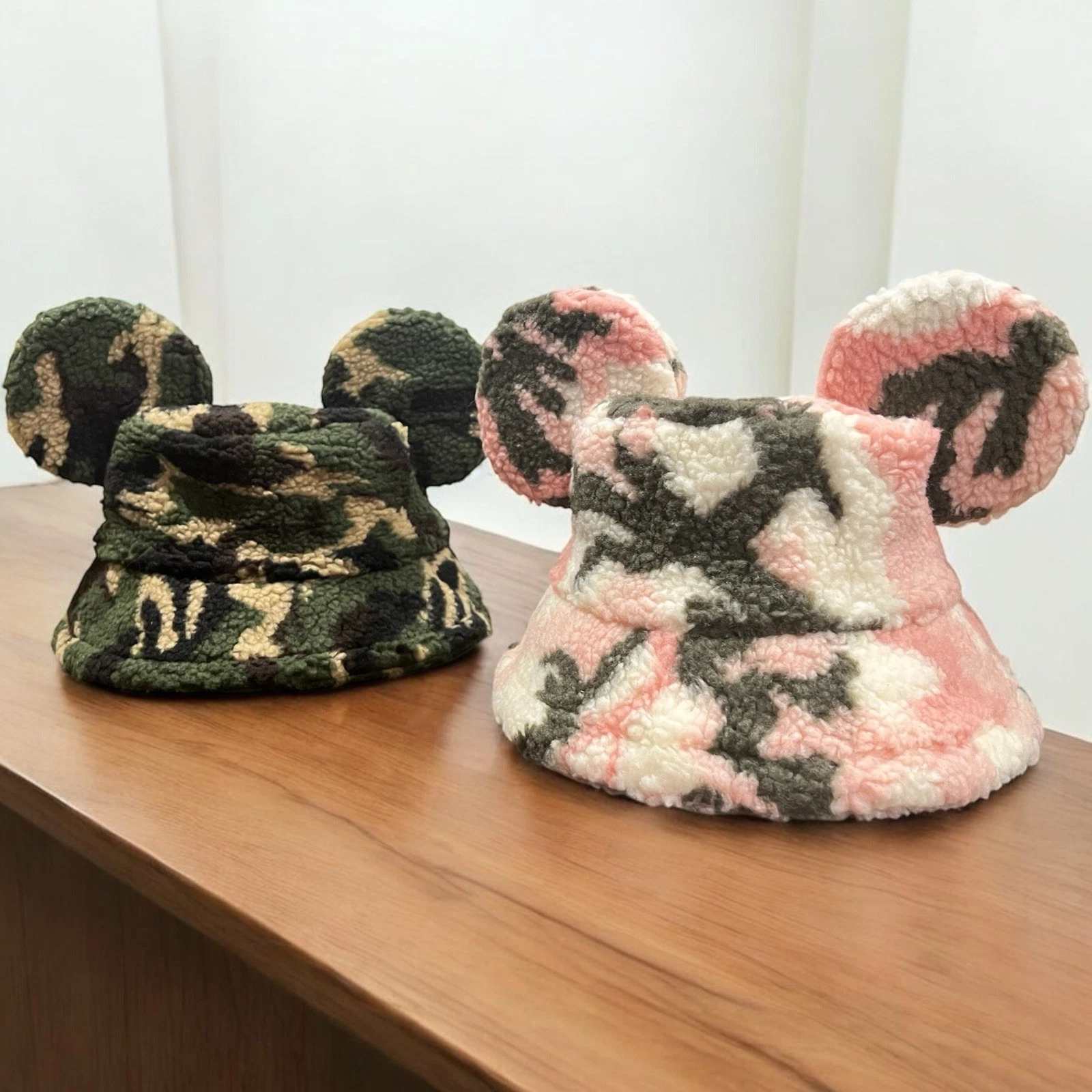 Cozy Sherpa Camo Bucket hat with sewn on mouse ears Disney
