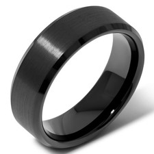 8mm Black Tungsten Ring Brushed Beveled Mens Wedding Band