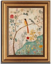 Gold Framed Vintage Floral Bird Canvas Wall Art Boho Plant Flower Sparrow Pai...
