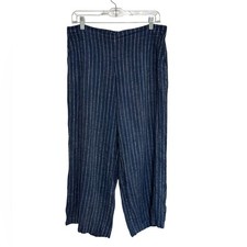 Eileen Fisher Organic Linen Pull-On Cropped Linen Pants in Navy Stripe - Size S