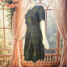 Vintage 1960's Blouse Skirt Set Back Button Closures Pleated Skirt Olive Blue