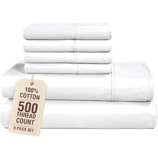Queen Sheet Set, 6 Piece 100 Cotton Bed Sheet Set with 500 Thread Count Butt...