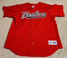 Majestic  XL New York Yankees Red Pin Striped Button Up Sewn Baseball Jersey