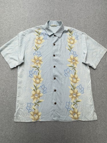 Tommy Bahama Shirt Mens Large Blue Silk Embroidered Flowers Floral Coastal Beach