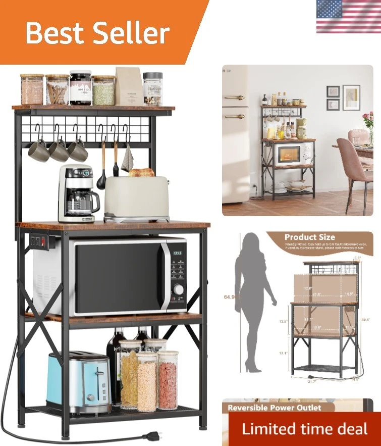 Kitchen Bakers Rack with Power Outlet Storage Shelves Pots Spices Coffee bar