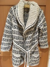 Vintage 70s Hand Knit Wool Cowichan Style Sweater Jacket, Mary Maxim Greek Key