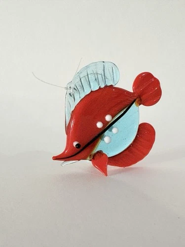 Vintage Murano Style Art Glass Fish Figurine Red Aqua Hand Blown 2.5” Hangs