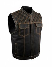 Men Biker Leather Vest Hunt Club Leather Diamond Quilted Motorcycle Denim Style